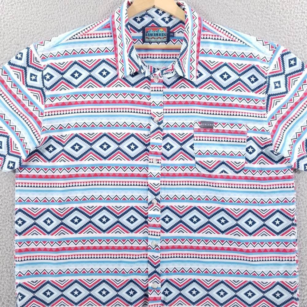 Burlebo Shirt 2XL Blue Red Aztec Western Southwest Performance Outdoor Fishing
